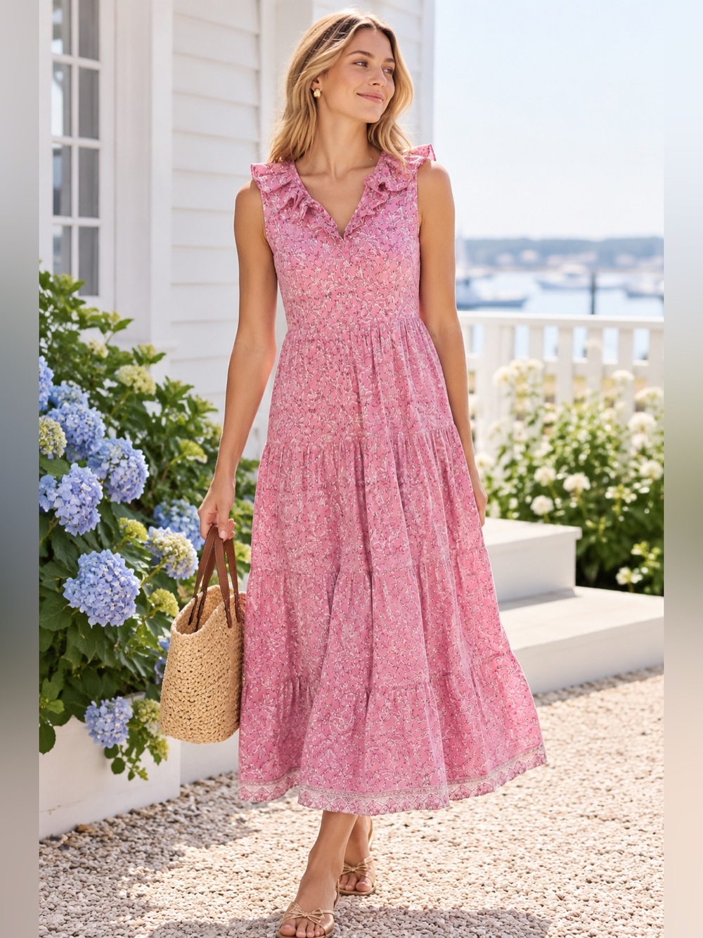 Hampton House Pink Block Print Cotton Tiered Dress Small